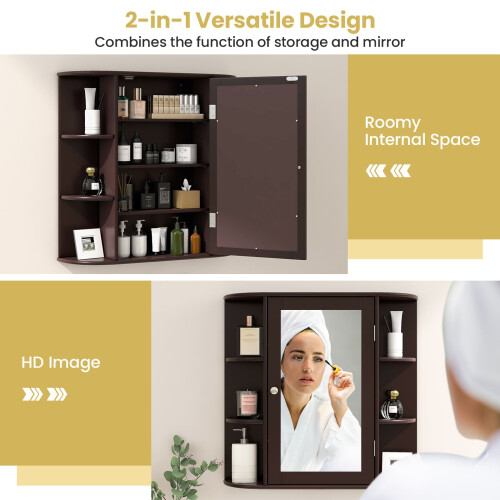 Costway 3 Tier Mirrored Bathroom Cabinet Wall Mount Storage Cupboard-Brown 2