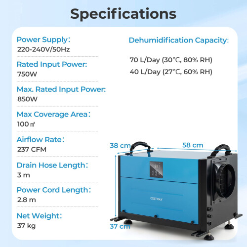 Costway 70L/Day Crawl Space Commercial Dehumidifier w/ 24H Timer-Blue 1