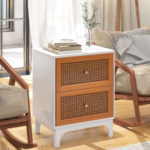 Costway 2 Drawer Rattan Nightstand Boho Accent Table Bedroom Bedside Table 2