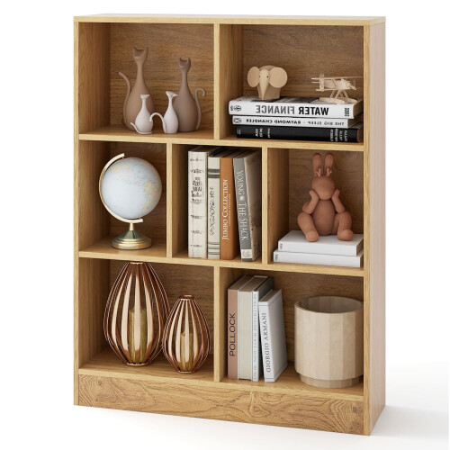 Costway 7-Cube Bookshelf 3-Tier Cubby Storage Organizer Wooden Cube Bookcase