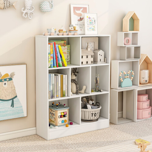 Costway 7-Cube Bookshelf 3-Tier Cubby Storage Organizer Wooden Cube Bookcase 2