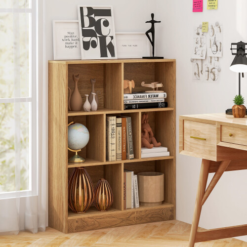 Costway 7-Cube Bookshelf 3-Tier Cubby Storage Organizer Wooden Cube Bookcase 2