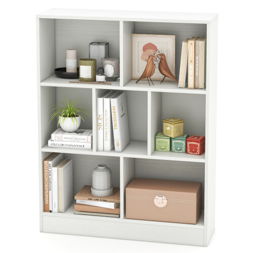 Costway 7-Cube Bookshelf 3-Tier Cubby Storage Organizer Wooden Cube Bookcase