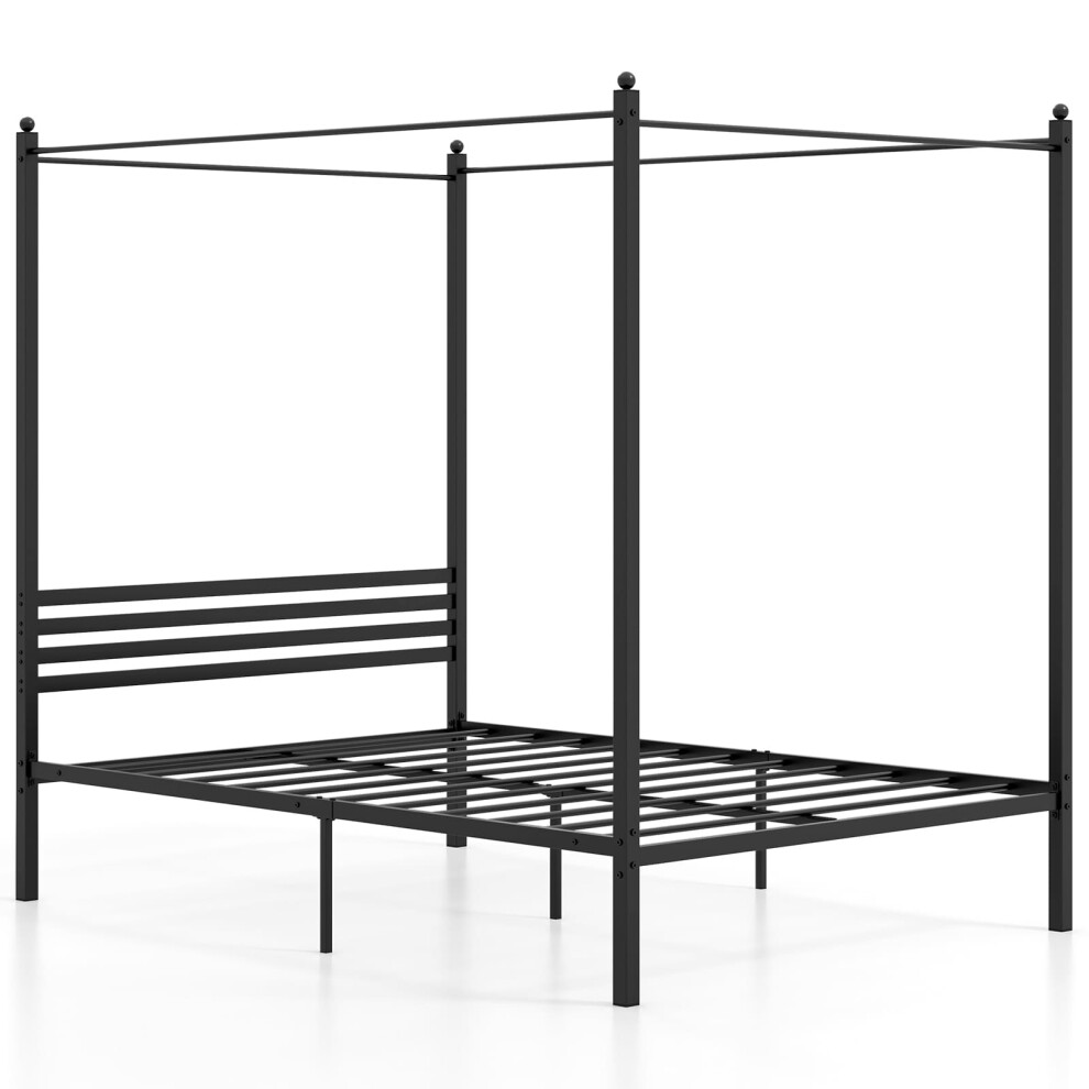 Double Canopy Bed Frame 4-Poster Metal Platform Bed with Headboard-Black