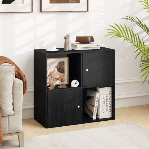 Costway 4-Cube Bookcase 3-Tier Bookshelf Storage Organizer w/2 Cabinets-Black 1