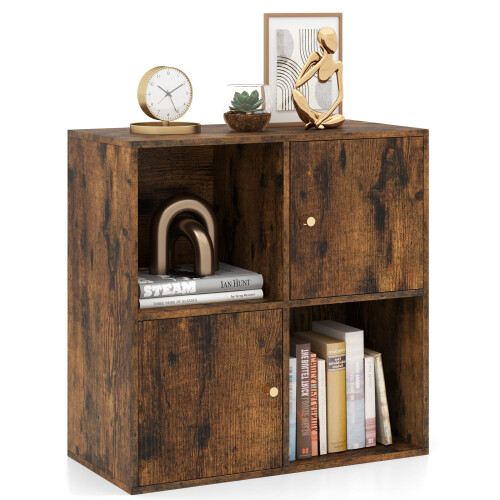 Costway 4-Cube Bookcase 3-Tier Bookshelf Storage Organizer w/2 Cabinets-Coffee
