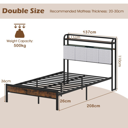Costway Double Size Metal Bed Frame w/ LED Light & Charging Station-Brown 1