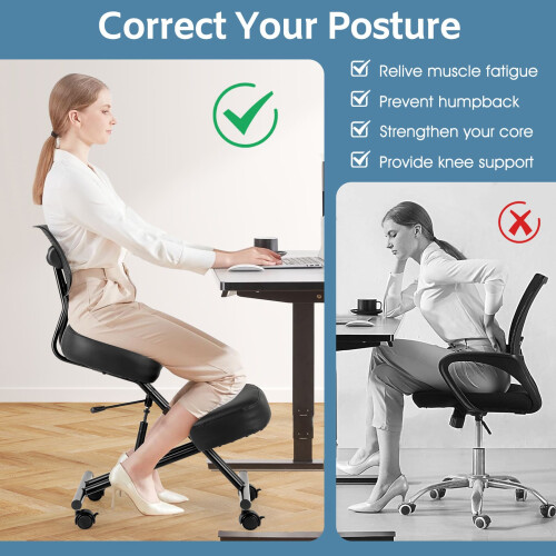 Costway Ergonomic Kneeling Chair Posture Correction Stool w/ Back Support-Black 2