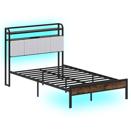 Costway Double Size Metal Bed Frame w/ LED Light & Charging Station-Brown