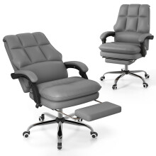 Ergonomic Office Chair PU Leather Computer Chair w/ Footrest-Grey