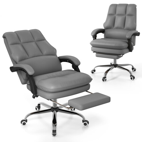 Costway Ergonomic Office Chair PU Leather Computer Chair w/ Footrest-Grey