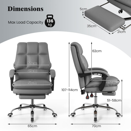 Costway Ergonomic Office Chair PU Leather Computer Chair w/ Footrest-Grey 1