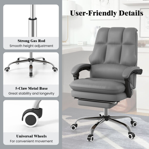 Costway Ergonomic Office Chair PU Leather Computer Chair w/ Footrest-Grey 2