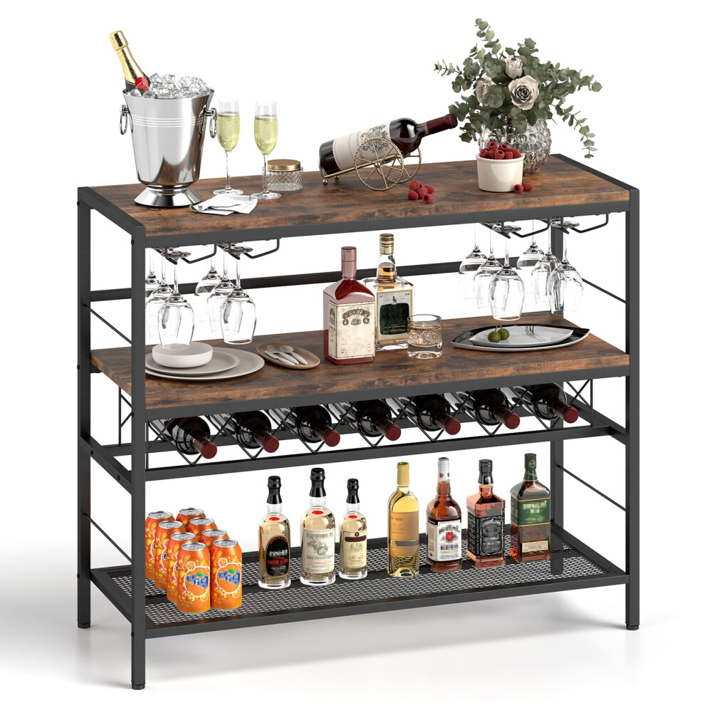 Freestanding Wine Rack Industrial Wine Bar Table w/ 4 Glass Holders