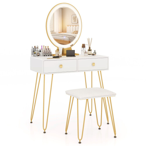 Costway 80 cm Vanity Set w/ Lighted Mirror Makeup Dressing Table w/ Cushioned Stool-White