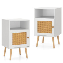 2Pcs Rattan Nightstand Bedside Table PE Rattan Decorated Door-White