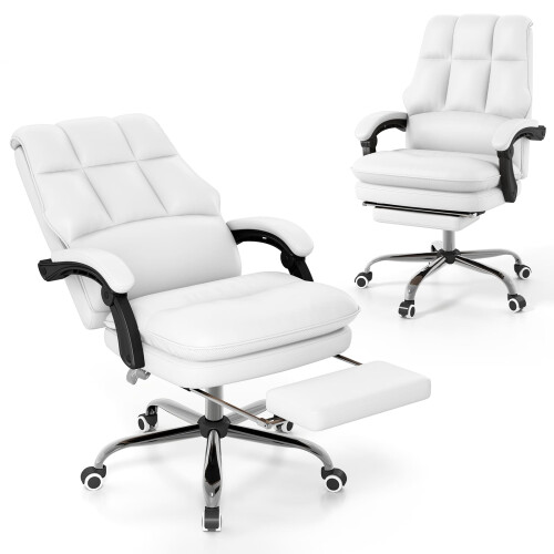 Costway Ergonomic Office Chair PU Leather Computer Chair w/ Footrest-White