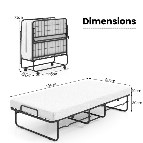 Costway 190 x 90 cm Folding Bed Single Size Guest Bed with Memory Foam-White 1