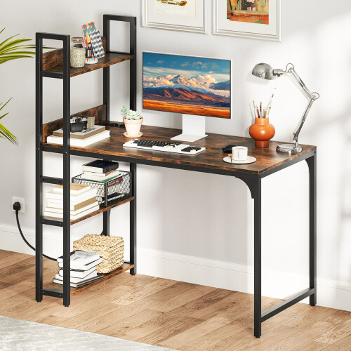 Costway Computer Desk 120 CM Study Writing Desk with Charging Station-Brown 2