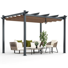 2.9 X 3.6 m Outdoor Retractable Pergola Aluminum Patio Shelter w/ Canopy Brown