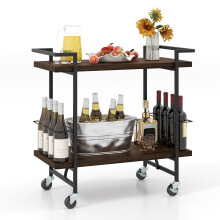 2-tier Wooden Home Bar Cart Kitchen Mobile Cart w/ Lockable Wheels