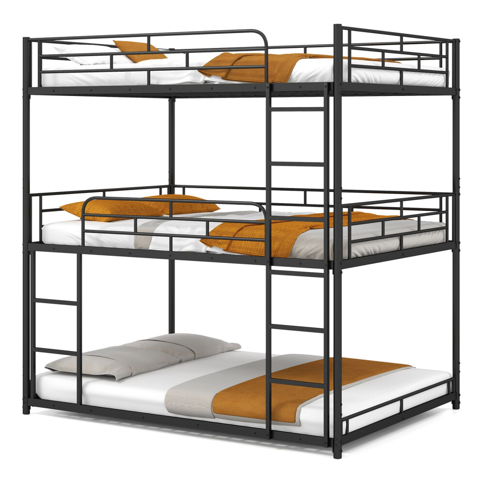 Double Size Triple Bunk Bed with 2 Ladders Metal Low Bunk Bed Frame