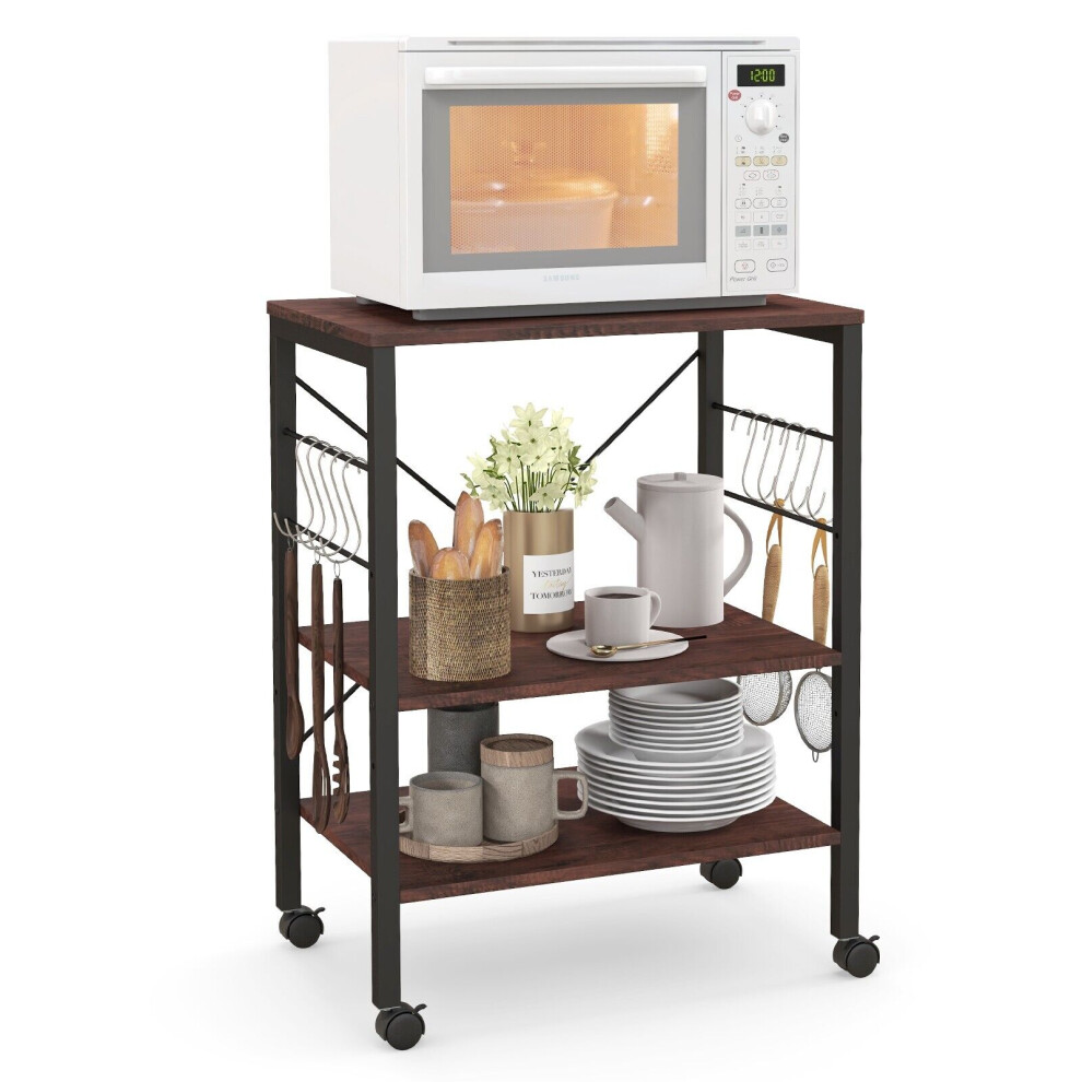 3 Tier Rolling Serving Cart Mobile Utility Storage Trolley Organizer W/ 10 Hooks