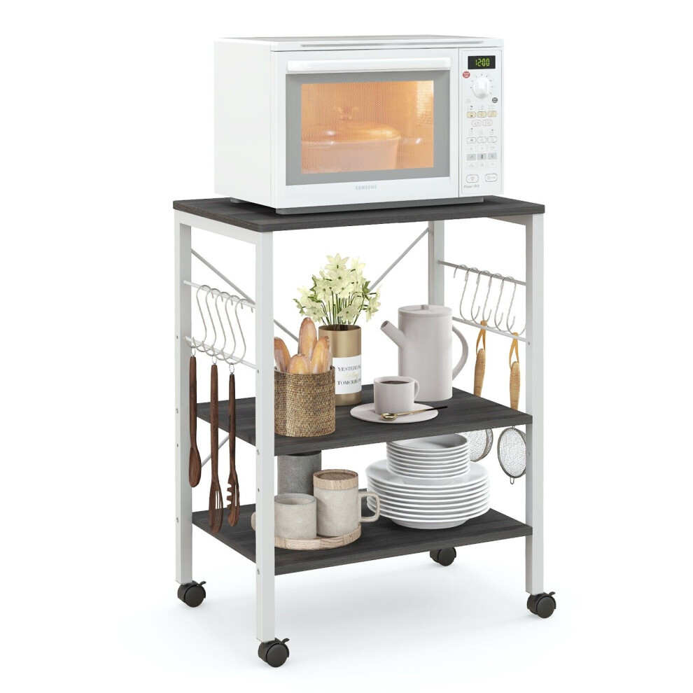 3 Tier Rolling Serving Cart Mobile Utility Storage Trolley Organizer W/ 10 Hooks