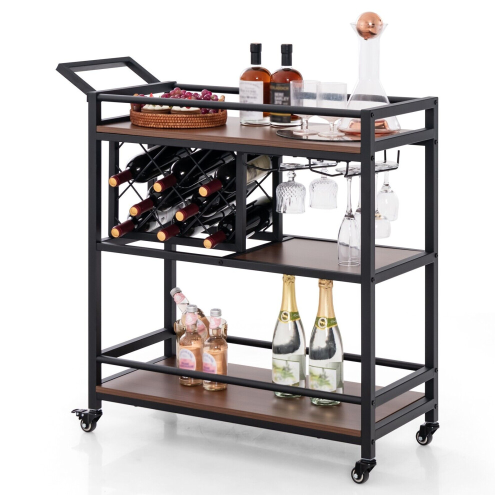 3-Tier Bar Cart Industrial Serving Cart Kitchen Rolling Cart w/Wine Racks