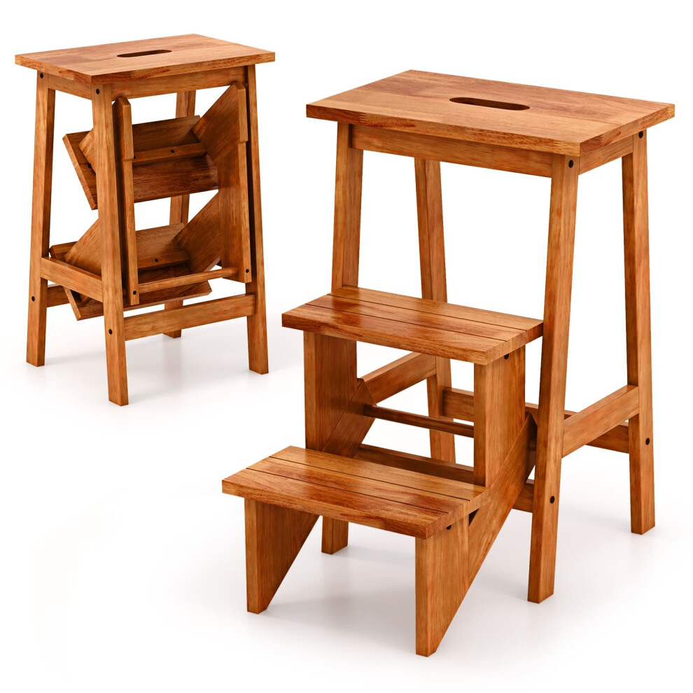 3-Tier Folding Step Stool Rubber Wood Ladder Chair Bench-Dark Oak