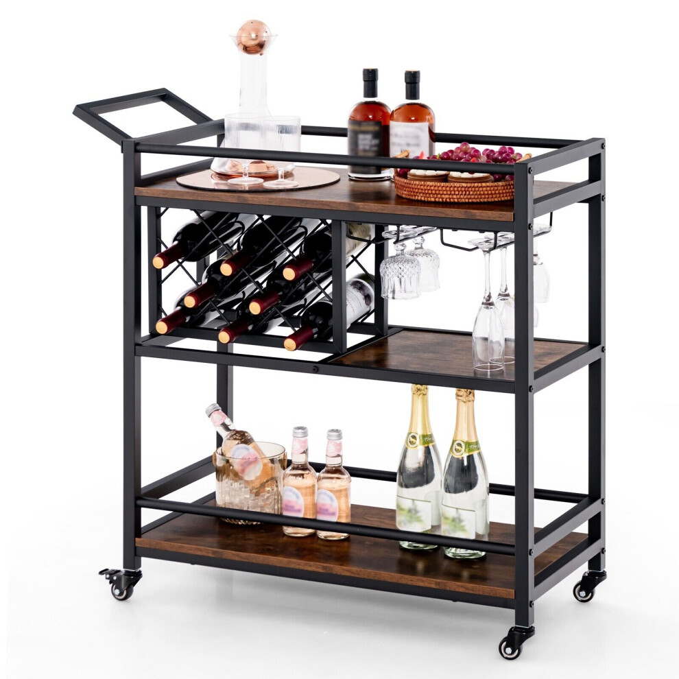 3-Tier Bar Cart Industrial Serving Cart Kitchen Rolling Cart w/Wine Racks