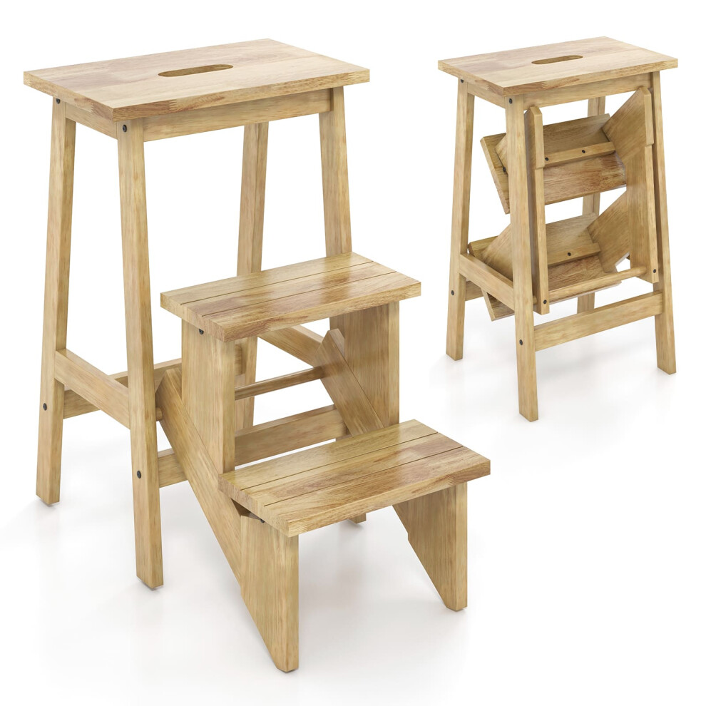 3-Tier Folding Step Stool Rubber Wood Ladder Chair Bench-Natural