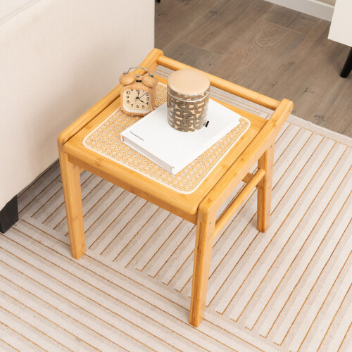 Costway Bamboo Vanity Stool Rattan Top Sitting Stool Footrest 2