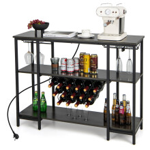 3-tier Wine Bar Cabinet Industrial Wine Rack with Storage Shelves Glass Holder