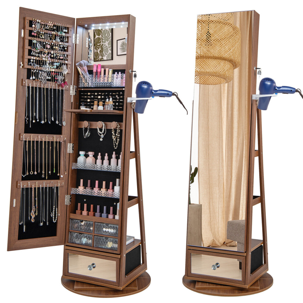 Floor Standing Swivel Jewelry Cabinet Lockable Jewelry Armoire w/ Full-Length Mirror &Lights