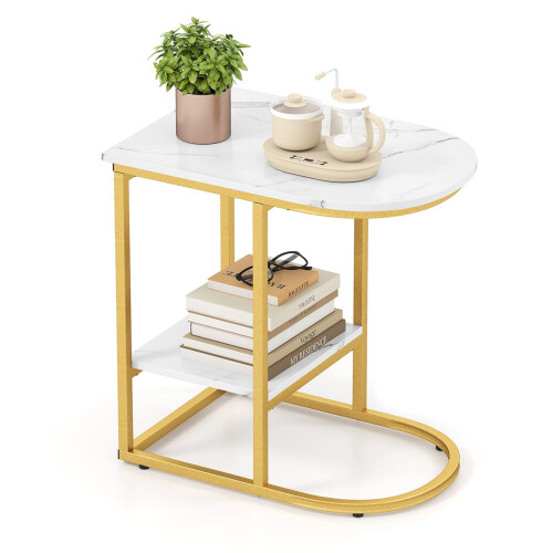 Costway C-shaped End Table Modern Sofa Side Table with Storage Shelf-White