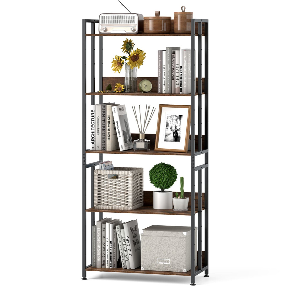 5-Tier Industrial Bookshelf 157cm Tall Etagere Bookcase w/ Adjustable & Tiltable Shelves Rustic Brown