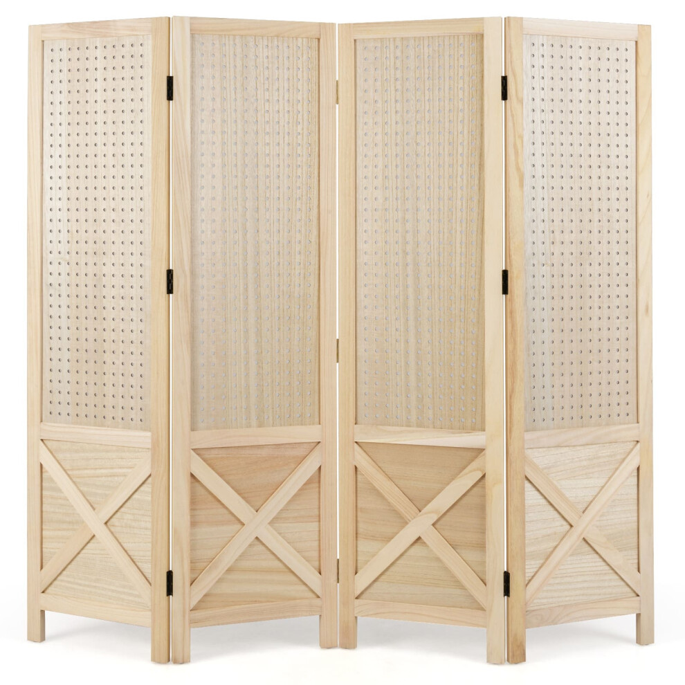 4-Panel Pegboard Display Stand 144 cm Folding Room Divider-Natural