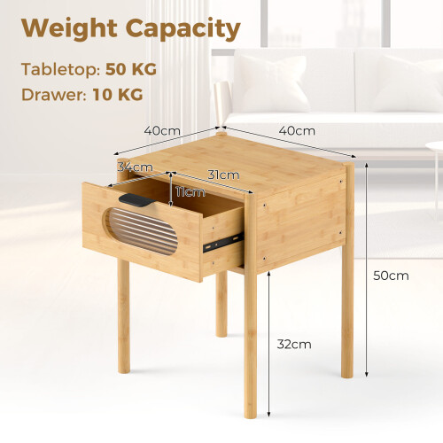 Costway Bamboo Bedside Table with Tempered Glass Drawer Square Bedroom End Side Table 1