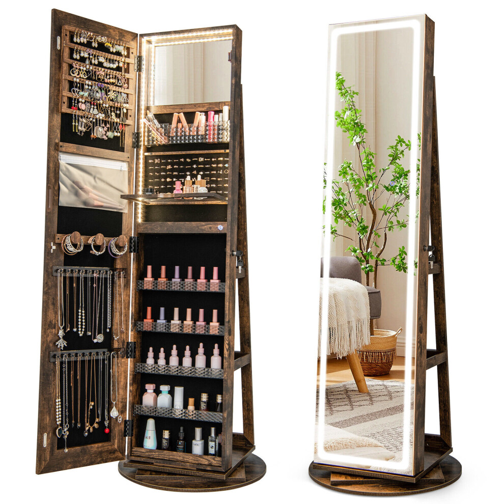 360 Swivel Jewelry Cabinet Lockable Jewelry Makeup Armoire w/ LED Lights