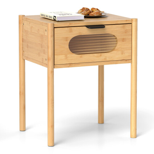 Costway Bamboo Bedside Table with Tempered Glass Drawer Square Bedroom End Side Table