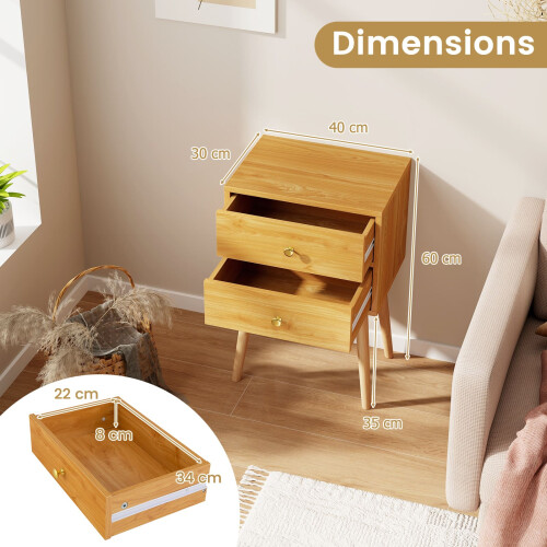 Costway 2-Drawer Sofa Side Bedside Table w/ Solid Wood Legs-Natural 1