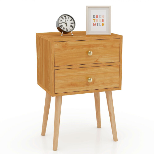 Costway 2-Drawer Sofa Side Bedside Table w/ Solid Wood Legs-Natural