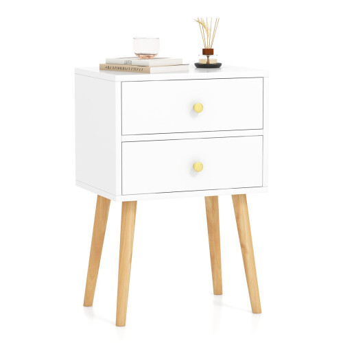 Costway 2-Drawer Sofa Side Bedside Table w/ Solid Wood Legs-White