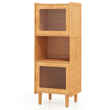 130cm Kitchen Bamboo Sideboard 3-Cube Display Cabinet Bookcase w/ 2 Acrylic Doors