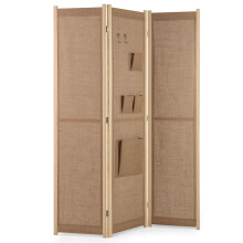 3-Panel Faux Linen Room Divider 120 CM Tall Folding Privacy Screen w/ Storage Bags Natural