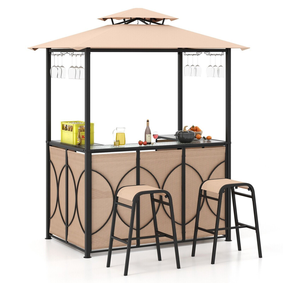 Double-Tier Canopy BBQ Gazebo Shelter Patio Grill Gazebo & 2 Bar Stools