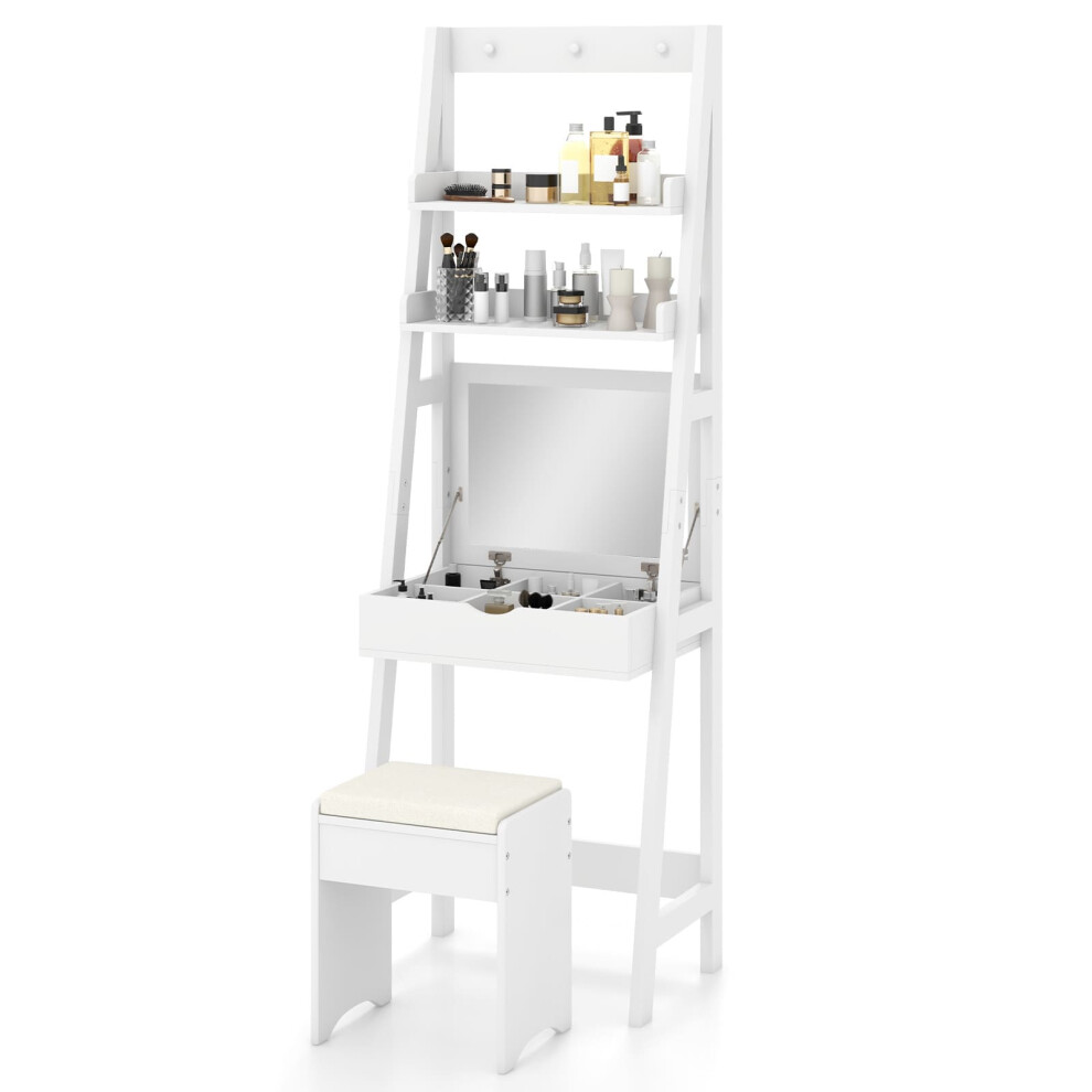 60cm Slim Vanity Desk Stool Set Ladder Dressing Table w/ Flip Top Mirror-White