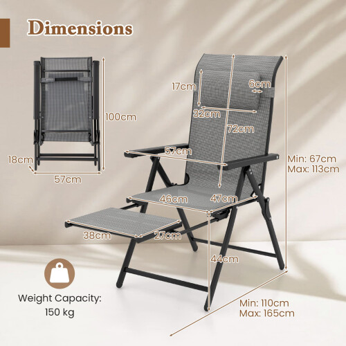 Costway Folding Patio Chair Lounge Chair with 10-Level Adjustable Backrest-Grey 2