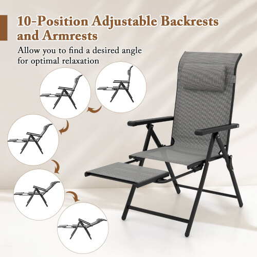 Costway Folding Patio Chair Lounge Chair with 10-Level Adjustable Backrest-Grey 1